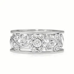 9ct White Gold Floral Diamond Band Ring