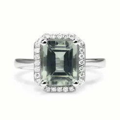 9ct White Gold Green Amethyst and Diamond Halo Ring