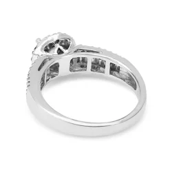 18ct White Gold Halo Cluster Ring With Round and Baguette Diamonds