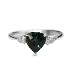 18ct White Gold Heart Teal Sapphire and Pear Diamond 3 Stone Ring