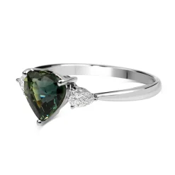 18ct White Gold Heart Teal Sapphire and Pear Diamond 3 Stone Ring