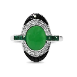 9ct White Gold Jade, Emerald, Onyx and Diamond Deco Style Ring