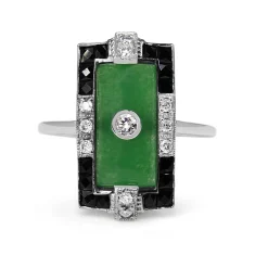 9ct White Gold Jade, Onyx and Diamond Deco Style Ring