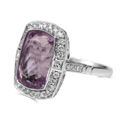 18ct White Gold Kunzite and Diamond Halo Ring