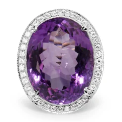 18ct White Gold Large Amethyst and Diamond Halo Ring