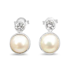 18ct White Gold Mabé Pearl and Old Cut Diamond Stud Earrings