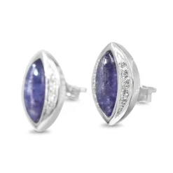 18ct White Gold Marquise Shaped Diamond and Cabochon Tanzanite Stud Earrings