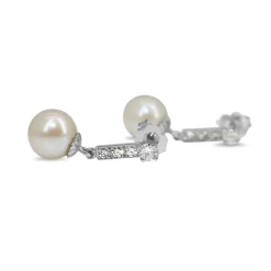 18ct White Gold 8mm Sea Pearls and Diamond Drop Vintage Earrings