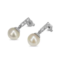 18ct White Gold 8mm Sea Pearls and Diamond Drop Vintage Earrings