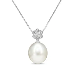 18ct White Gold 13.5mm South Sea Pearl and Diamond Daisy Style Necklace