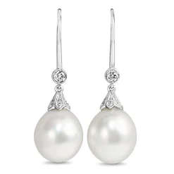 18ct White Gold 12mm South Sea Pearl and Diamond Deco Style Drop Earrings