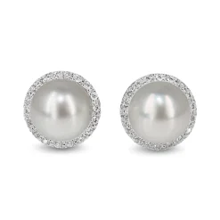 18ct White Gold 10.5mm South Sea Pearls and Diamond Halo Stud Earrings