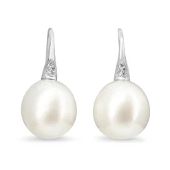18ct White Gold 13mm South Sea Pearl and Diamond Earrings on French Style Hook