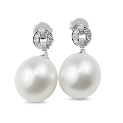 18ct White Gold 13mm South Sea Pearl and Diamond Deco Style Drop Earrings