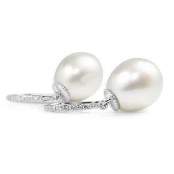 18ct White Gold 13mm South Sea Pearl and Diamond Drop Earrings