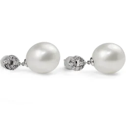 18ct White Gold 13mm South Sea Pearl and Diamond Deco Style Drop Earrings