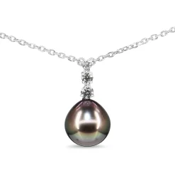 18ct White Gold 12mm Tahitian Pearl and Diamond Drop Necklace