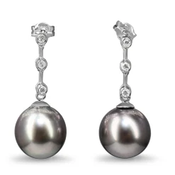 18ct White Gold 11mm Tahitian Pearl and Diamond Drop Earrings