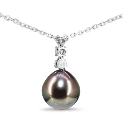 18ct White Gold 12mm Tahitian Pearl and Diamond Drop Necklace