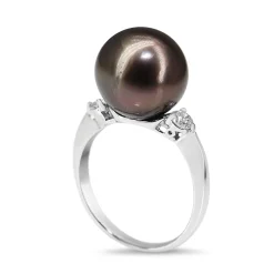 18ct White Gold 11mm Tahitian Pearl and Diamond Ring
