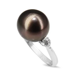 18ct White Gold 11mm Tahitian Pearl and Diamond Ring