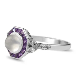 9ct White Gold Moonstone, Amethyst and Diamond Deco Style Ring