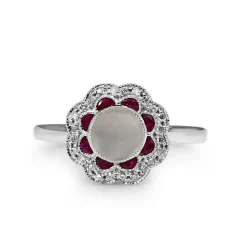 9ct White Gold Moonstone, Ruby and Diamond Daisy Style Ring