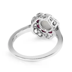 9ct White Gold Moonstone, Ruby and Diamond Daisy Style Ring