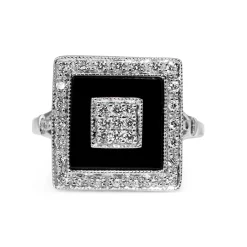 9ct White Gold Onyx and Diamond Square Halo Cluster Deco Style Ring