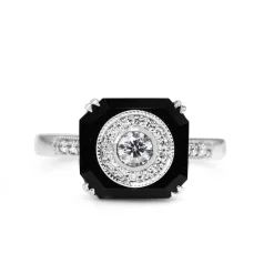 9ct White Gold Onyx and Diamond Halo Art Deco Style Ring