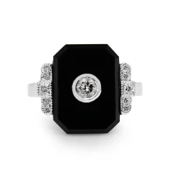 9ct White Gold Onyx and Diamond Art Deco Style Ring