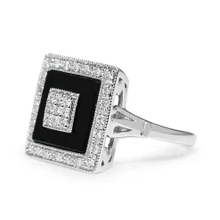9ct White Gold Onyx and Diamond Square Halo Cluster Deco Style Ring