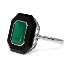 9ct White Gold Onyx and Green Agate Deco Style Ring