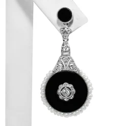 18ct White Gold Onyx, Diamond and Seed Pearl Earrings