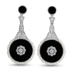 18ct White Gold Onyx, Diamond and Seed Pearl Earrings