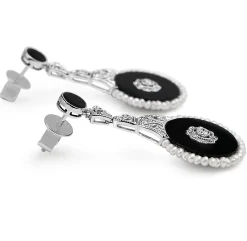 18ct White Gold Onyx, Diamond and Seed Pearl Earrings