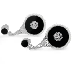 18ct White Gold Onyx, Diamond and Seed Pearl Earrings