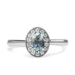 9ct White Gold Oval Aquamarine and Diamond Halo Ring