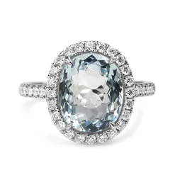 18ct White Gold Oval Aquamarine and Diamond Halo Ring