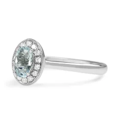 9ct White Gold Oval Aquamarine and Diamond Halo Ring