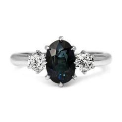 18ct White Gold Oval Sapphire and Old Cut Diamond Ring