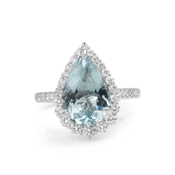 18ct White Gold Pear Aquamarine and Diamond Halo Ring