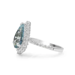 18ct White Gold Pear Aquamarine and Diamond Halo Ring