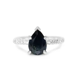18ct White Gold Pear Sapphire Solitaire and Diamond Ring