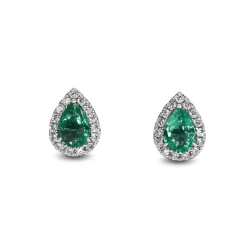18ct White Gold Pear Shaped Emerald and Diamond Stud Earrings