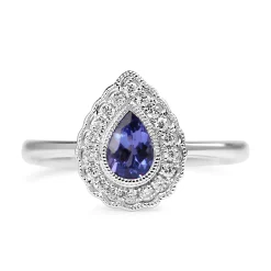 9ct White Gold Pear Tanzanite and Diamond Halo Ring