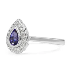 9ct White Gold Pear Tanzanite and Diamond Halo Ring
