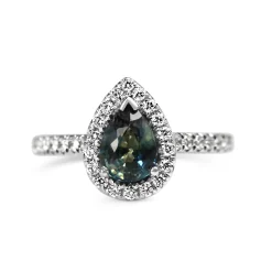 18ct White Gold Pear Teal Sapphire and Diamond Halo Ring