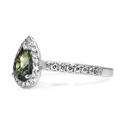 18ct White Gold Pear Teal Sapphire and Diamond Halo Ring