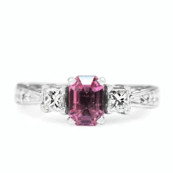 14ct White Gold Pink Sapphire and Diamond 3 Stone Ring